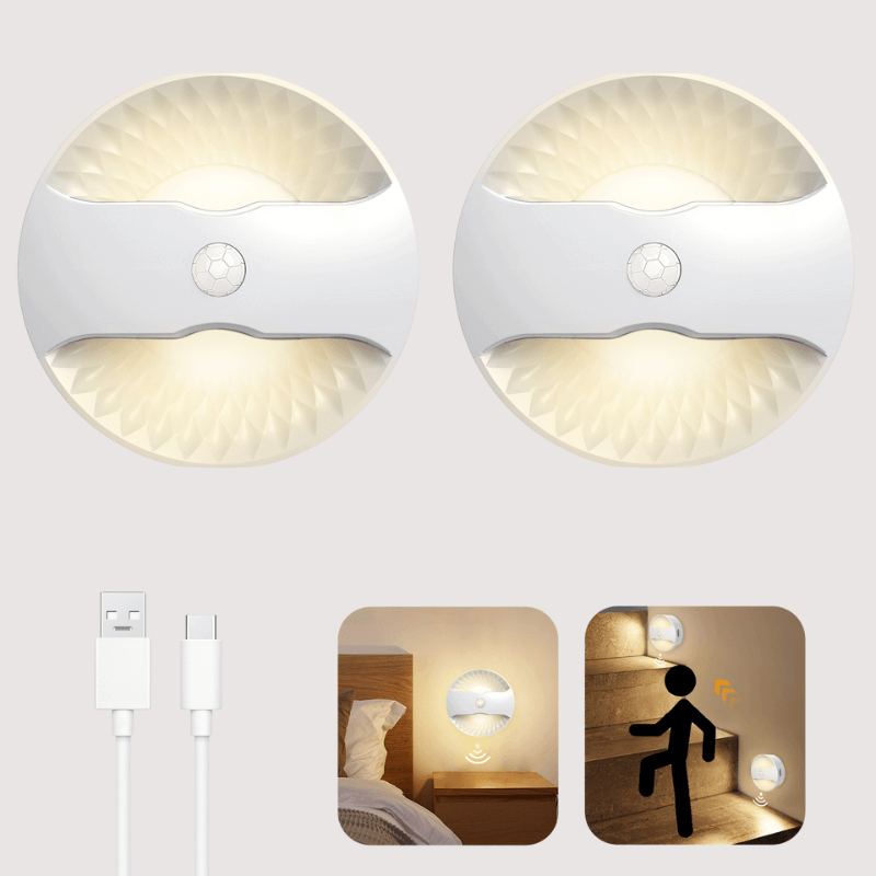 Motion-activated night light (2-pack) — 2-pack with included USB-C cable and bedroom/stairway use-case callouts