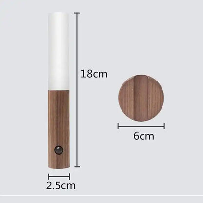 Rechargeable sensor wall light — product dimensions diagram — 18cm length, 2.5cm diameter, 6cm base